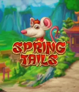 A whimsical illustration of a white rat wearing a red traditional Chinese outfit standing in a vibrant landscape with mountains. The image represents the Spring Tails Slot by Betsoft, showcased with prominent red and gold logo lettering.