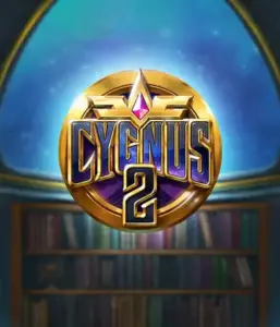 Discover the captivating artwork of ELK Studios' Cygnus 2 Slot, featuring a spectacular emblem with a vibrant design in purple and gold. Positioned against a starlit background of a library, this image captures the theme of adventure and mystery. 